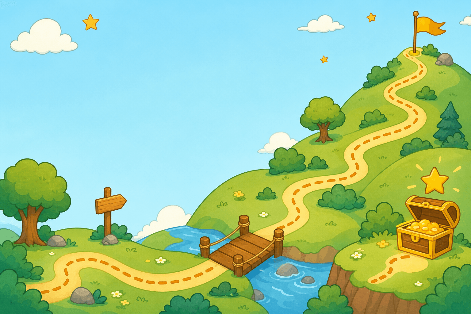A friendly storybook adventure map: a winding dotted trail over green hills, past a signpost and a wooden bridge, up to a flag, with a treasure chest and a gold star.